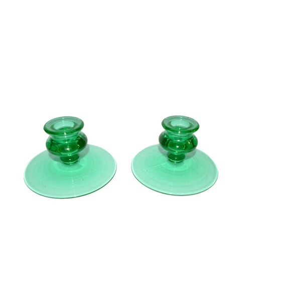 Vtg Pair Uranium Glass Candlestick Holders Green Depression Glass - Picture 2 of 11